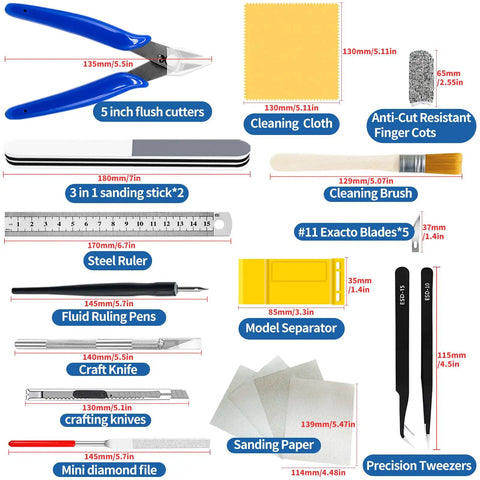 Collection of 25Pc Hobby Modeling Kit Tools Set for Gundam Newbies and Pros, including precision tweezers and flush cutter.