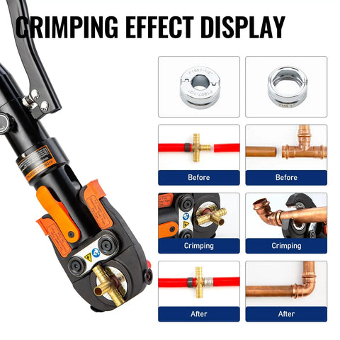 Heavy Duty Hydraulic Copper Press Tool With 360 Degree Rotating Head For Tight Spaces Includes Dies For Copper Pipe Fittings Half Inch Three Quarter Inch And One Inch And Pex Rings From Eighth Inch To One Inch HT1950E crimping copper and PEX fittings