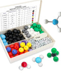 Must Have 240 Piece Molecular Model Kit For Chemistry Class Inorganic And Organic Structure Models With Atoms And Bonds Includes Short Link Remover Tool Durable Plastic Science Teaching Supply Gift For Teachers And Students, open box with colorful atoms and bonds.