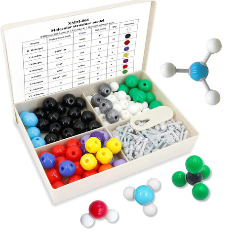 Must Have 240 Piece Molecular Model Kit For Chemistry Class Inorganic And Organic Structure Models With Atoms And Bonds Includes Short Link Remover Tool Durable Plastic Science Teaching Supply Gift For Teachers And Students, open box with colorful atoms and bonds.