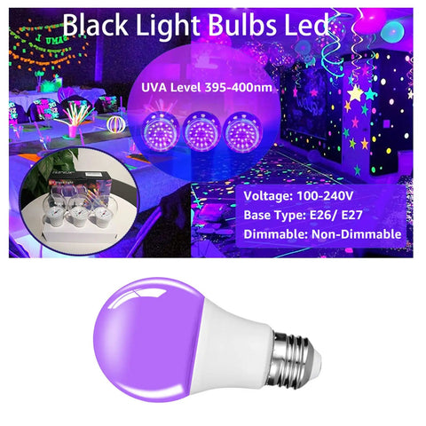 Black light bulbs LED 395-400nm E26 non-dimmable with image of bulb and party decor
