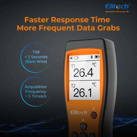 Display view of Two Channel Bluetooth Thermocouple Thermometer And Digital Temperature Data Logger For HVAC Lab On The Go