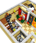 Interior close-up of the Lit 3-Floor Modular Pizza Shop Building Kit With Fully Printed Pieces, showing detailed dining area.