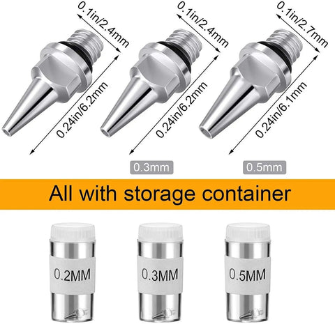 Must Have Pro Grade Airbrush Replacement Parts Kit with nozzles 0.2mm, 0.3mm, 0.5mm sizes, storage container visible