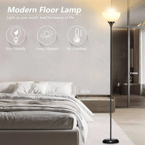 Industrial Metal Tall LED Floor Lamp With Drop-Resistant White Lampshade, Rotary Switch next to modern bedroom setting