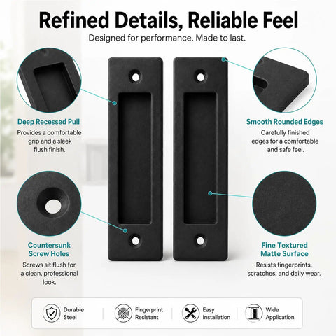 2 Pack Matte Black Flush Door Handle Set For Sliding Barn Doors Closets And Pocket Doors Heavy Duty Steel Recessed Pull With Screws Finger Pull Hardware For No Sweat Easy Access, deep recessed pull