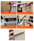 Heavy Duty Universal Draw Slide Guide Jig For Router Templates With Magnetic Quick Fix System shown in a four-step usage guide for drawer rail installation.