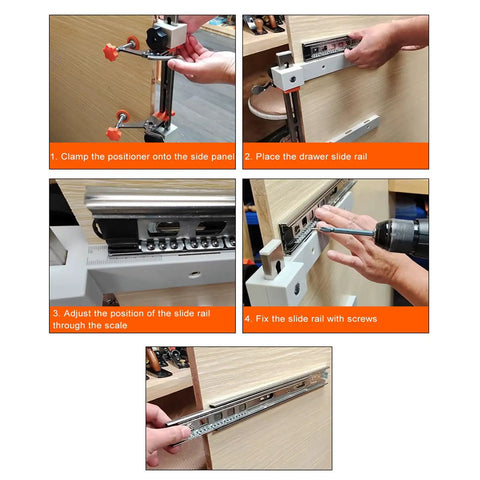 Heavy Duty Universal Draw Slide Guide Jig For Router Templates With Magnetic Quick Fix System shown in a four-step usage guide for drawer rail installation.