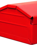 Hip Roof Portable Steel Tool Box Organizer For Home, Garage And Job Site, Tough As Nails Heavy Duty Metal Storage Chest With Rugged Powder Coat Finish, Secure Latch, Removable Tray, And Easy Carry Handle For Pros. Red steel hip roof tool box, angled side view