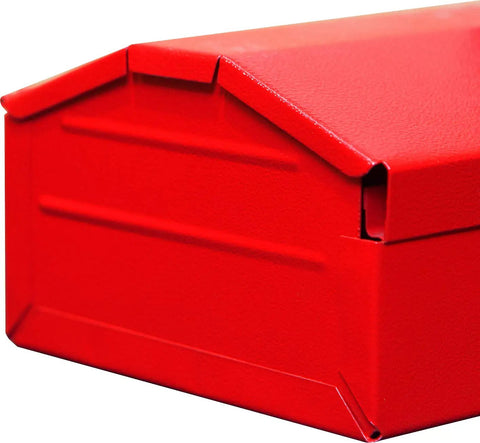 Hip Roof Portable Steel Tool Box Organizer For Home, Garage And Job Site, Tough As Nails Heavy Duty Metal Storage Chest With Rugged Powder Coat Finish, Secure Latch, Removable Tray, And Easy Carry Handle For Pros. Red steel hip roof tool box, angled side view