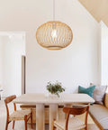 Handwoven Bamboo Pendant Light For Kitchen Island And Dining Nook in living room, natural wicker chandelier, boho style.