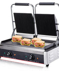 Heavy Duty Commercial Panini Press And Sandwich Maker With Cast Iron Griddle Non Stick Coating 3600W Power Stainless Steel Construction cooking sandwiches on a grill.