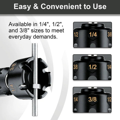 Pro Shop Nut Spinner Drill Attachment For Swift Bolt Extraction And Threaded Rod Removal Handles 1/4 3/8 And 1/2 Inch Sizes displayed.