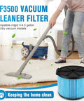 Person cleaning carpet with vacuum and VF3500 Wet Dry Vac Filter Replacement for 3-4.5 Gallon Portable Vacs displayed, 2 Pack