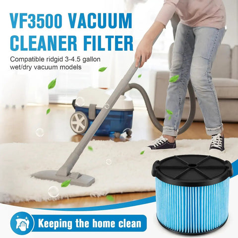 Person cleaning carpet with vacuum and VF3500 Wet Dry Vac Filter Replacement for 3-4.5 Gallon Portable Vacs displayed, 2 Pack