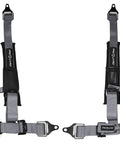 Gray 4 Point Harness With 2 Inch Straps Universal UTV Off Road Harness Kit For 4 Point 2 Pack Durable Rugged Safety Seat Belt With Comfortable Padded Shoulders displayed side by side
