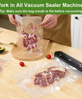 Person sealing meat in Precut Food Saver Vacuum Bags 150 Pcs Set for Meal Prep and Sous Vide, 11x16 50 Gallon, BPA Free.