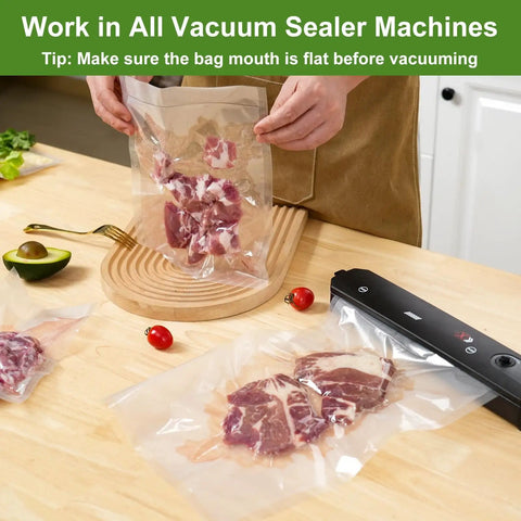 Person sealing meat in Precut Food Saver Vacuum Bags 150 Pcs Set for Meal Prep and Sous Vide, 11x16 50 Gallon, BPA Free.