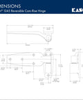 Technical dimensions of Reversible Cam Rise Hinge With One And A Quarter Inch Offset, Self Closing Door Hardware, Smooth Nylon Cam.