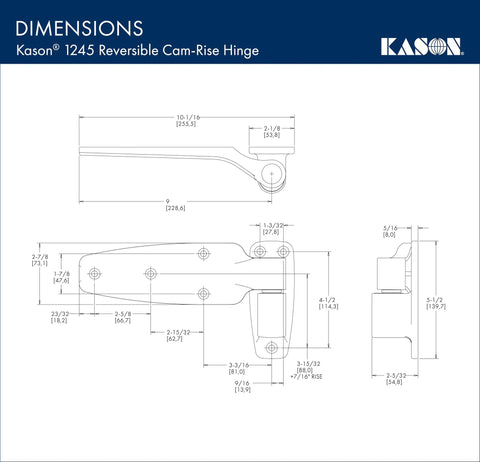 Technical dimensions of Reversible Cam Rise Hinge With One And A Quarter Inch Offset, Self Closing Door Hardware, Smooth Nylon Cam.