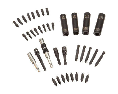 Impact Driver Bit Set 38 Piece With Pivot Holder For Straight Or Pivot Mode arranged with various screwdriver bits and sockets.