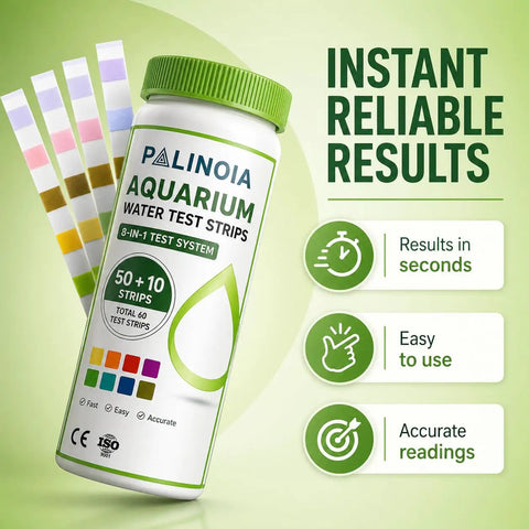 Top Tier Aquarium Water Test Strips 8 In 1 Fish Tank Chemistry Tester For Freshwater And Saltwater 60 Pack in bottle with strips.