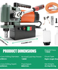1380W Portable Magnetic Drill Press Low Profile Mag Drill Machine With 3/4" Annular Cutter Powerful 680Rpm Steel Job Site Tool For Industrial Metalworking Professionals dimensions and features on display.