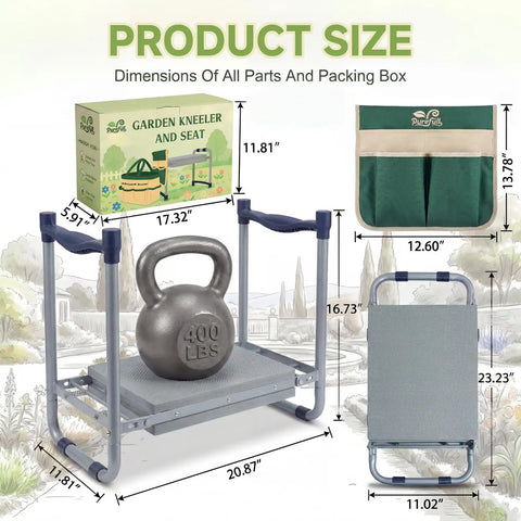 2-In-1 Garden Kneeler And Work Seat That Converts Between Kneeling And Sitting, shown with product dimensions and tool bag