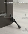 Foot Operated Door Stop for Hands Free Entryway Access, zinc alloy floor holder shown securing door with pedal activation.
