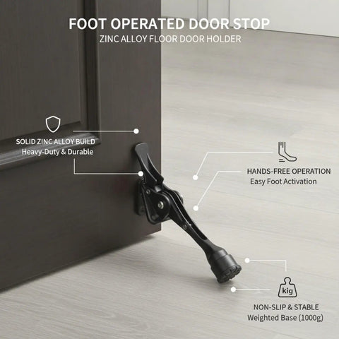 Foot Operated Door Stop for Hands Free Entryway Access, zinc alloy floor holder shown securing door with pedal activation.