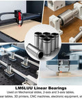 Rig Ready 4 Pack LM6LUU Linear Ball Bearings With 6mm Bore Nickel Finished showing uses in CNC setups and 3D printers.