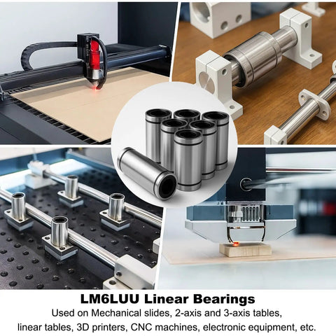 Rig Ready 4 Pack LM6LUU Linear Ball Bearings With 6mm Bore Nickel Finished showing uses in CNC setups and 3D printers.