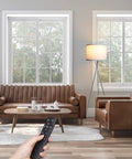 Tripod Floor Lamp With Remote And Touch Control, LED 3 Color Temperatures, in living room with cozy vibe, mid-century design