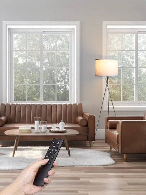 Tripod Floor Lamp With Remote And Touch Control, LED 3 Color Temperatures, in living room with cozy vibe, mid-century design
