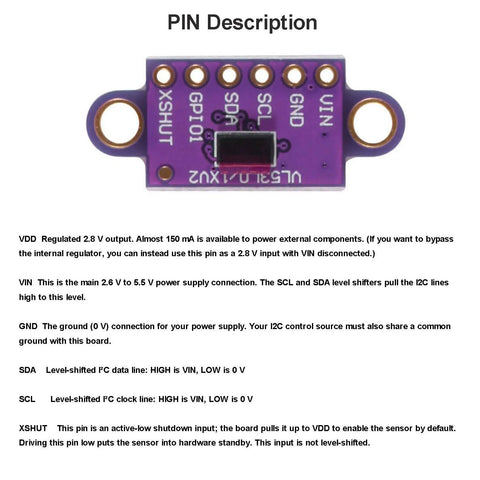 Front view of VL53L0X Time Of Flight ToF Laser Ranging Sensor Breakout Module Pack Of 4 I2C for Arduino and microcontrollers with pin description