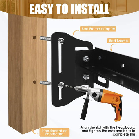 Heavy Duty Queen Bed Headboard Mounting Brackets Two Piece Steel Conversion Kit With Secure Fastening showing installation with drill and adapter.