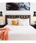Bedroom setup with Set Of 2 Matte Black Bell Shade Wall Sconces With Switch, Hardwired 110V Lighting Fixtures on either side of bed.