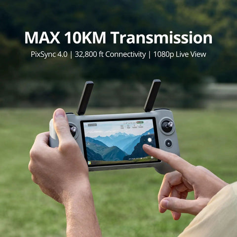 Controller for Atom 2 Fly More Drone Combo With RC PTD 1 showing live view of landscape, highlighting 10KM transmission capability.