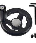 Front view of black round hand wheel with revolving knob handle; includes two small Allen wrenches