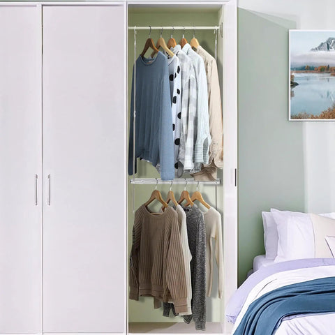Expandable Dual Closet Rod, Space Saving Wardrobe Extender, Absolute Game Changer Clothes Hanger Bar, Slick Chrome Hanging Organizer 2 Pack For Cramped Closets And Mini Bedrooms