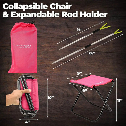 Kids Fishing Pole And Reel Combo Starter Set With Tackle Box And Carry Bag, collapsible pink chair and rod holder.