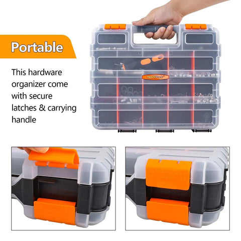 RC Gear Organizer Box With Adjustable Compartments And Removable Dividers, durable plastic box with handle, transparent view.