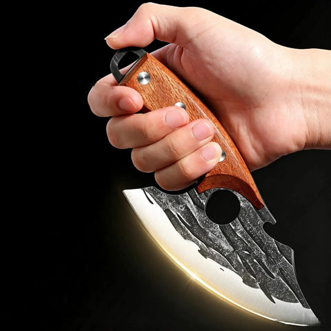 Hand holding Viking-style knife from Two Piece Meat Cleaver Knife Set For Cutting Meat And Vegetables, Heavy Duty Stainless Steel Cleavers