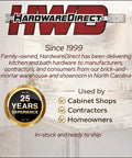 HardwareDirect logo and text about providing kitchen and bath hardware since 1999, with a 25 years experience badge