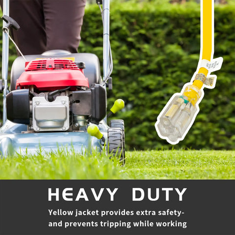 Weatherproof Indoor Outdoor Extension Cord With Lighted End UL Listed 10 Gauge 50ft Yellow Three Prong Heavy Duty SJTW 15A Power Cord For Outdoor Lights Lawn Tools And Garden Gear used with lawn mower in garden.