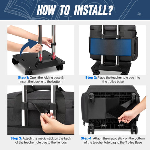 Installation steps for Detachable Wheels Rolling Teacher Tote Bag For Women And Men with large trolley base and 360-degree wheels.