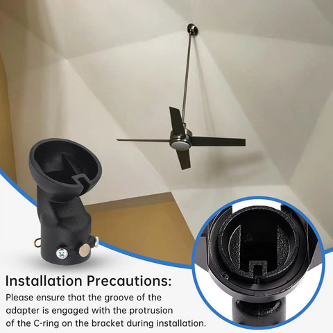 45 Degree Sloped Ceiling Fan Adapter Kit With Universal Mounting Bracket For Vaulted Ceilings Easy Install No Fuss Fit Handles 1 Inch Down Rods And 1.7 Inch Inner Brackets Black Pack Of 2 showing black adapter with fan on ceiling.