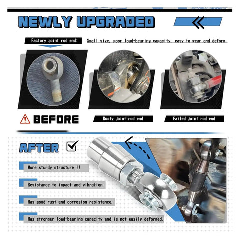 Badass 8 Piece Heim Joint Rod End Kit With Spacers And Tube Adapters 5/8 Inch Chromoly Joints Heat Treated showing before and after upgrades.