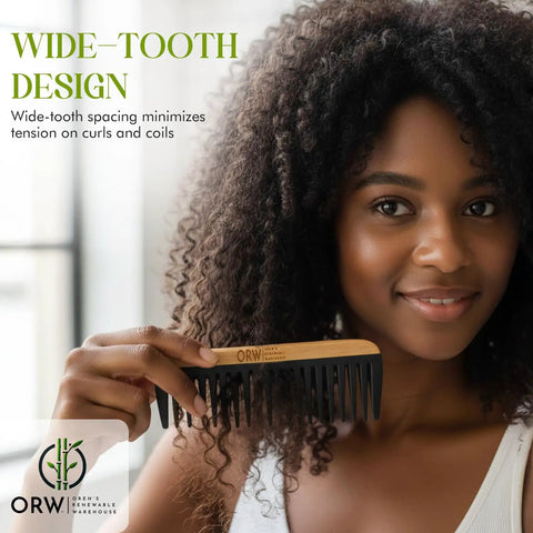 Wide Tooth Bamboo Detangling Comb for Curly Hair Smooth Easy Glide Snag Free Detangling Wet or Dry Hair Thick Coily Textured Styles Eco Friendly Durable Hair Care Tool held by woman
