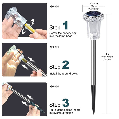 Assembly steps for Solar Pathway Lights Outdoor IP65 Waterproof Stainless Steel Landscape Lighting for easy installation